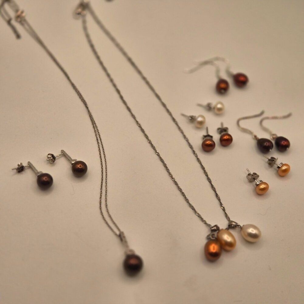 Lot of Sterling Silver Freshwater Genuine Pearl Earrings Necklaces Multi Color